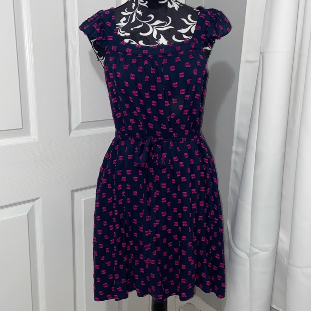 LOFT ruffle sleeve embroidered tie waist dress